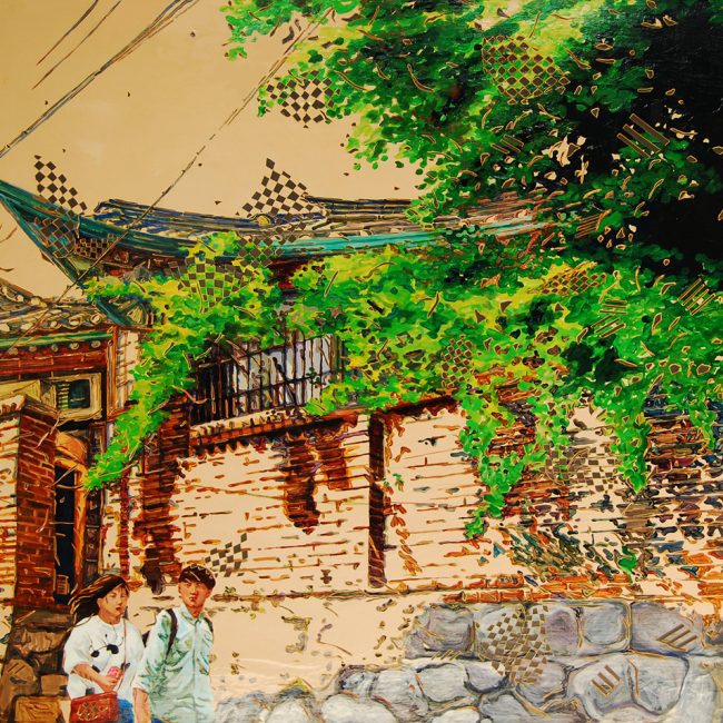 북촌 A WAlk in Bukchon산책120x120cm, Acrylic on canvas, Vynil sheet cutting, 2014